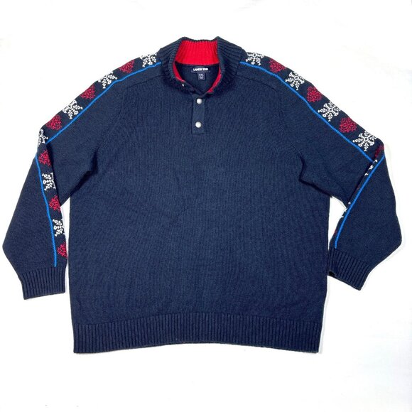 Lands End Wool Blend Fair Isle Nordic Snowflake 1/4 Button Knit Sweater Mens XL - Picture 1 of 11